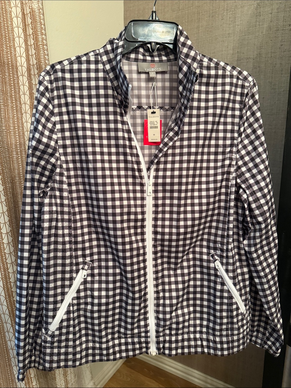Talbots Black & White Gingham Zip-Front Utility Jacket